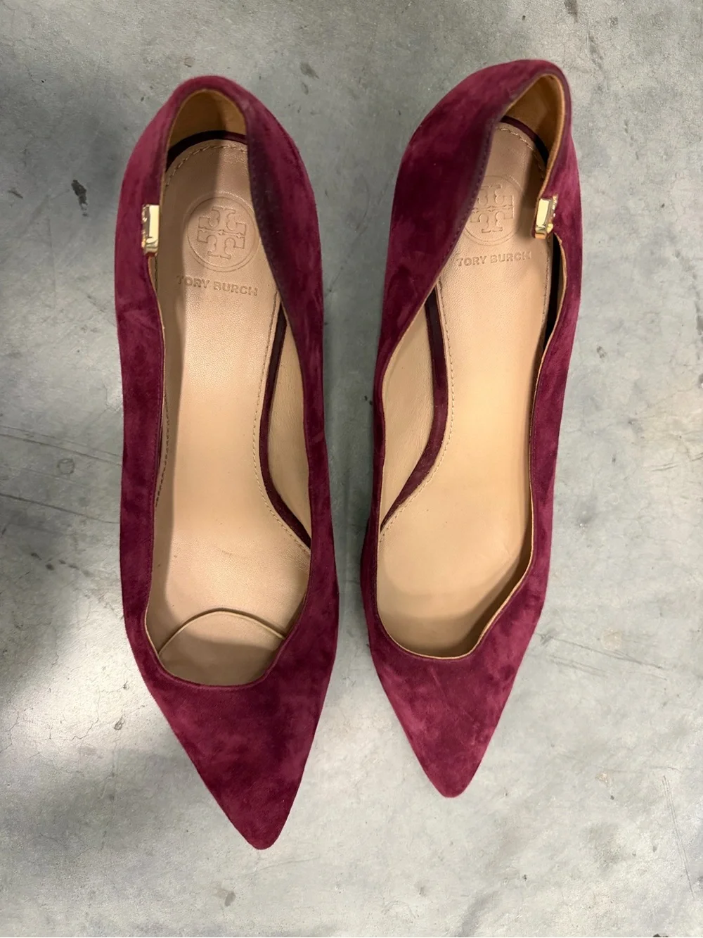 Tory Burch Wine Suede Pointed-Toe Pumps with Gold Accent